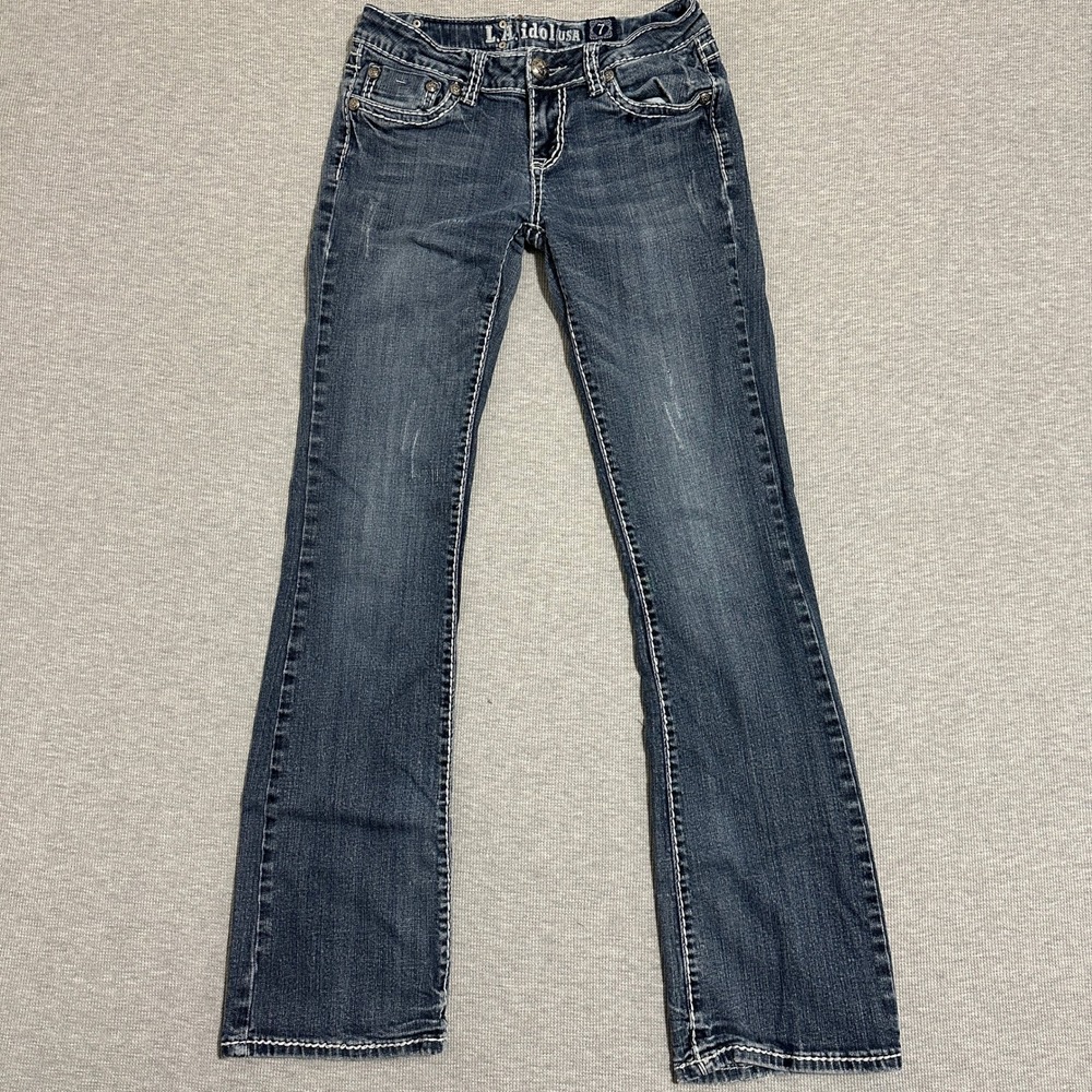 LA Idol USA Bootcut Jeans Dark Wash Thick Contrast Stitch Low Rise Womens Size 7